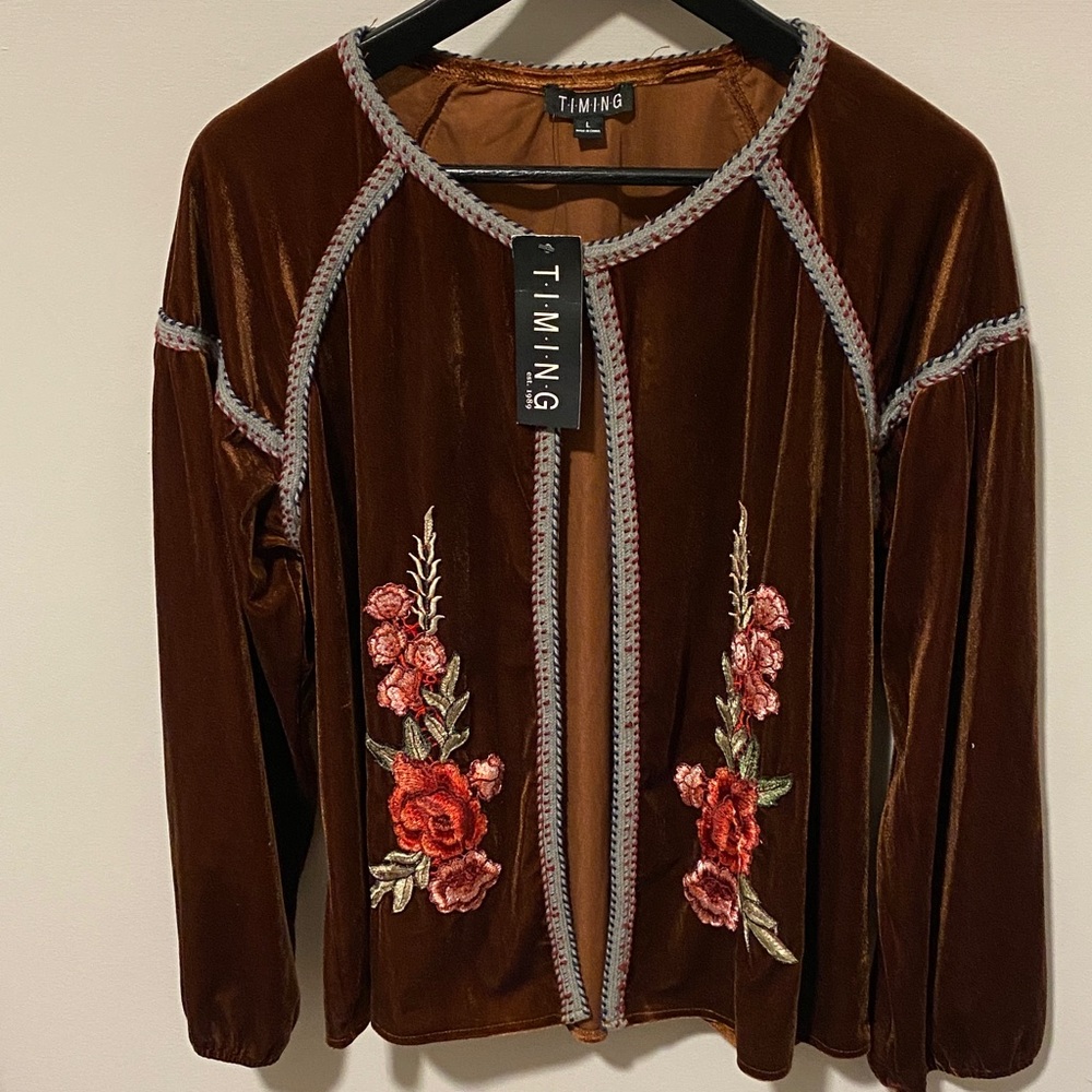 NWT  Brown Velvet Jacket with Floral Embroidery